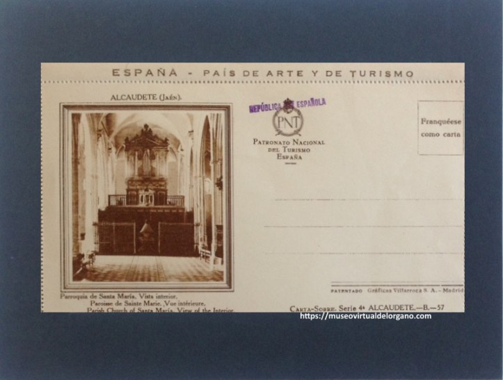 Órgano Parroquia de Santa María. Vista interior. Alcaudete (Jaén), Patronato Nacional de Turismo de España, Gráficas Villarroca S.A., Madrid, ca. 1930