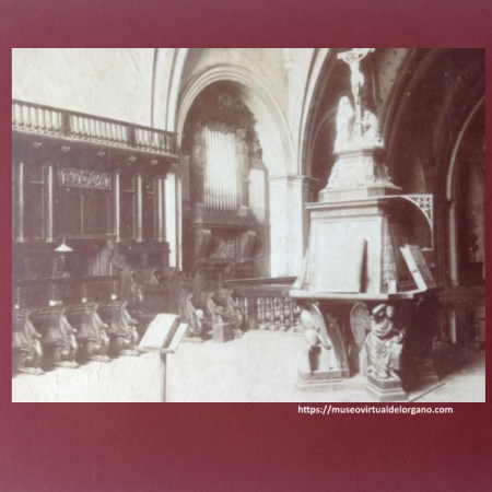 Órgano Pau Obradors, coro superior de la Basílica de Montserrat. Barcelona [detalle]. nº 507. Montserrat. Iglesia, detalle en el Coro. Foto José Esplugas y Puig, Escudillers, 89, entre 1887-1892