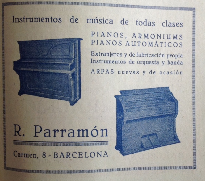 R. Parramón, distribuidor de pianos , armoniums y arpas. Antonino Tenas, Dir., Anuario eclesiástico, Eugenio Subirana, Barcelona, 1925
