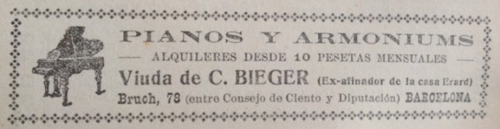 Viuda de C. Bieger, pianos y armoniums, Barcelona. Antonino Tenas, Dir., Anuario eclesiástico, Eugenio Subirana, Barcelona, 1925