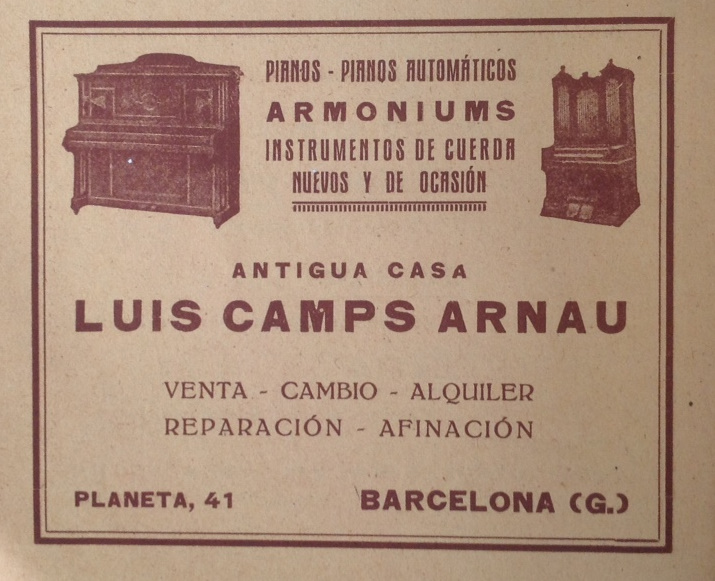 Antigua casa Luis Camps Arnau, pianos, armoniums, Barcelona. Antonino Tenas, Dir., Anuario eclesiástico, Eugenio Subirana, Barcelona, 1925