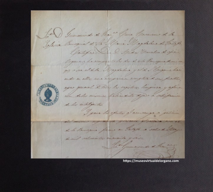 Gumersindo de Franco, cura ecónomo de la Iglesia Parroquial de Sta María Magdalena de Getafe, L., “Certifico que D. Andrés Torralba de oficio organero ha compuesto los dos de esta Parroquia de mi cargo, osea el de la Magdalena y el de S. Eugenio”, [detalle], 1856, Getafe, Madrid