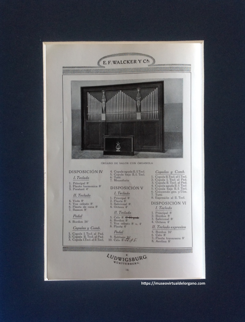 Órgano de salón con organola. E. F. Walcker y Cie., de Ludwigsburg (Württemberg), Órganos de iglesias, conciertos y salones, Agustín Guarro, Barcelona, 1922