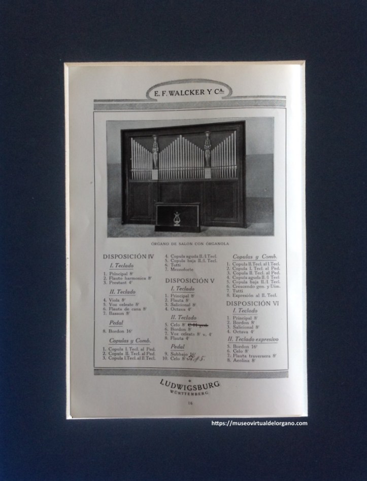 Órgano de salón con organola. E. F. Walcker y Cie., de Ludwigsburg (Württemberg), Órganos de iglesias, conciertos y salones, Agustín Guarro, Barcelona, 1922