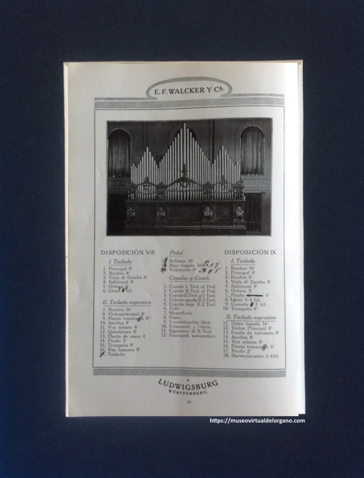 Órgano Walcker, disposición VIII y IX. E. F. Walcker y Cie., de Ludwigsburg (Württemberg), Órganos de iglesias, conciertos y salones, Agustín Guarro, Barcelona, 1922