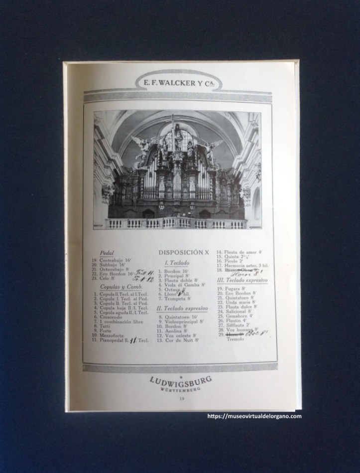 Órgano Walcker, disposición X. E. F. Walcker y Cie., de Ludwigsburg (Württemberg), Órganos de iglesias, conciertos y salones, Agustín Guarro, Barcelona, 1922