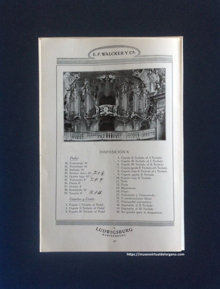 Órgano disposición X. Käppele, iglesia de la Visitación de la Virgen María en Nikolausberg, Würzburg, Baviera, Alemania. E. F. Walcker y Cie., de Ludwigsburg (Württemberg), Órganos de iglesias, conciertos y salones, Agustín Guarro, Barcelona, 1922