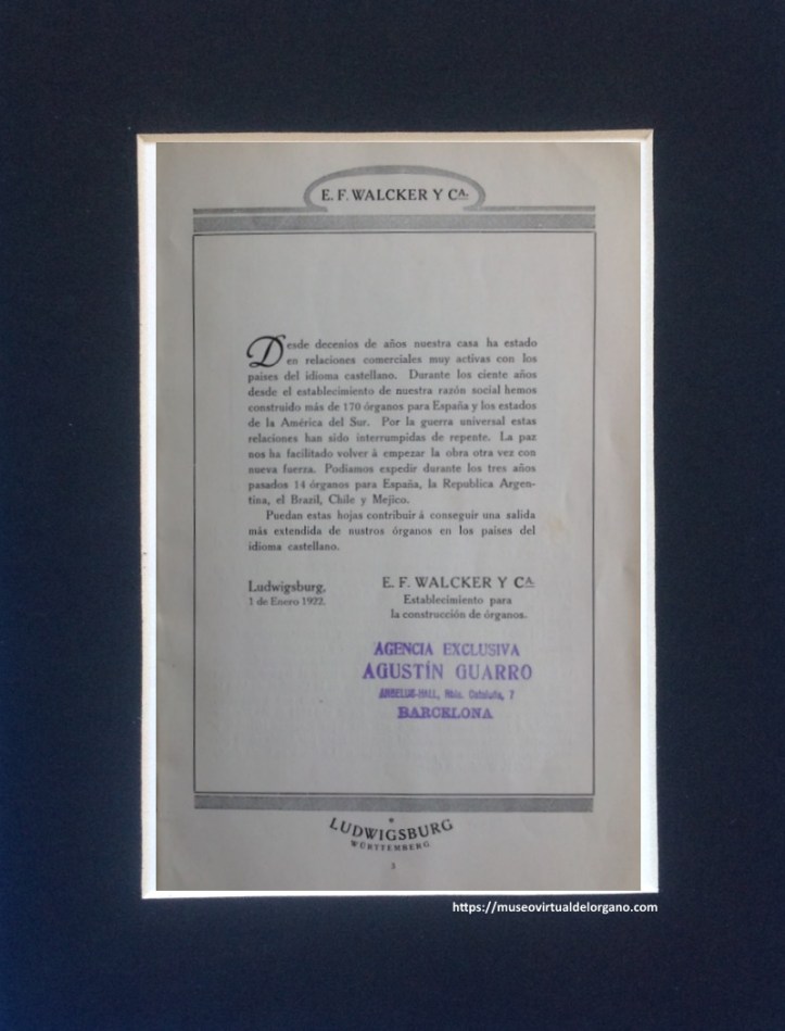 E. F. Walcker y Cie., de Ludwigsburg (Württemberg), Órganos de iglesias, conciertos y salones, Agustín Guarro, Barcelona, 1922
