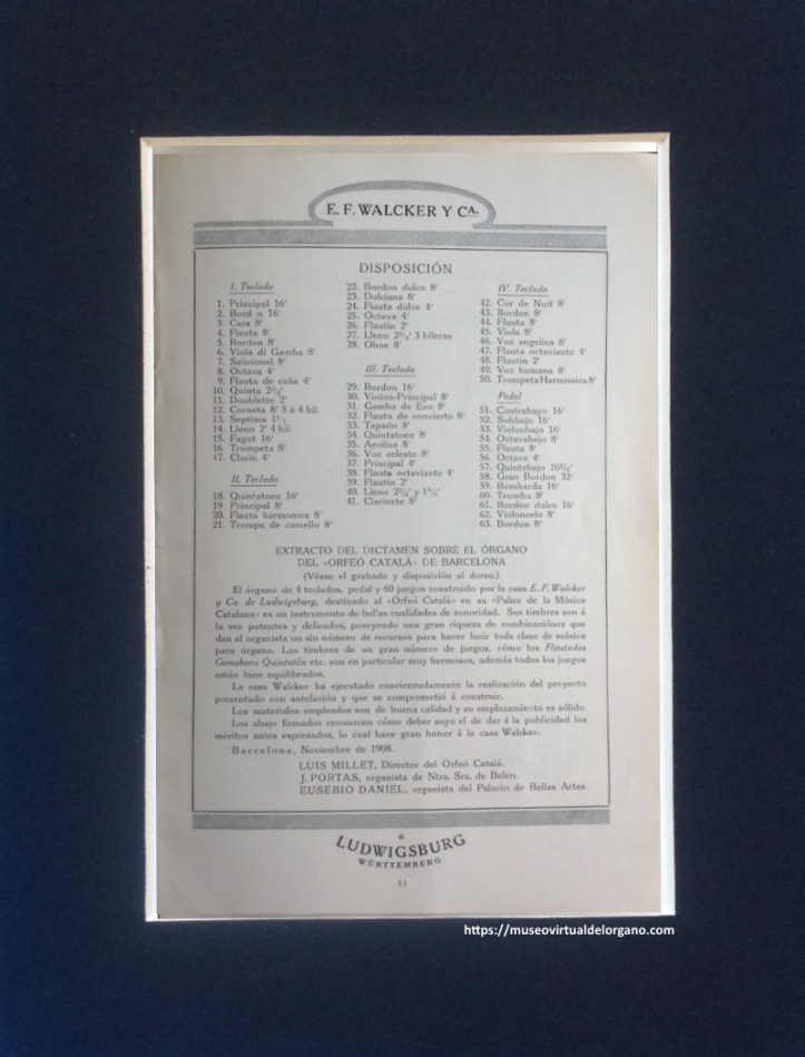 Disposición del órgano Walcker del Gran Salón de Conciertos del Orfeón Catalán. Palacio de la Música Catalana. Barcelona. E. F. Walcker y Cie., de Ludwigsburg (Württemberg), Órganos de iglesias, conciertos y salones, Agustín Guarro, Barcelona, 1922