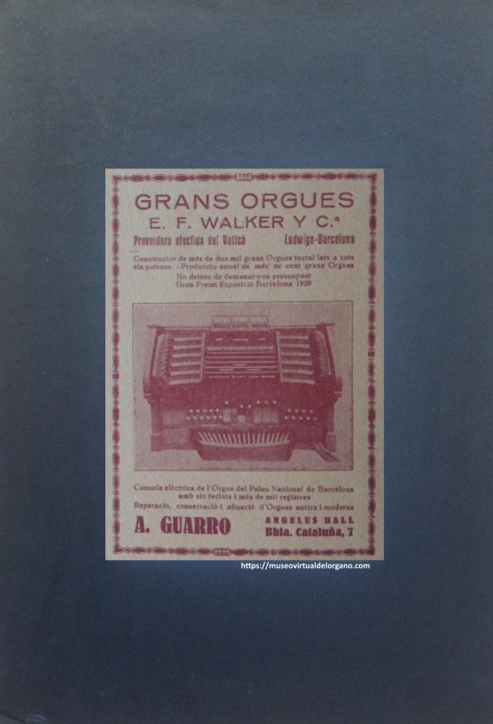 Consola eléctrica de l´Orgue del Palau Nacional de Barcelona, Grans Orgues E.F. Walcker y Cª, A. Guarro, Revista Parroquial de Música Sagrada, n.º 49, 1931