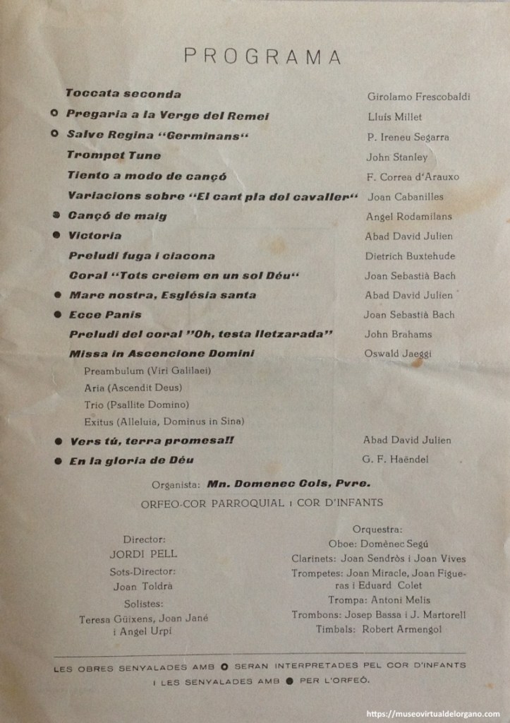 Programa. Concert inaugural de la restauració. Temple Arxiprestal del Vendrell, El Vendrell, 1963