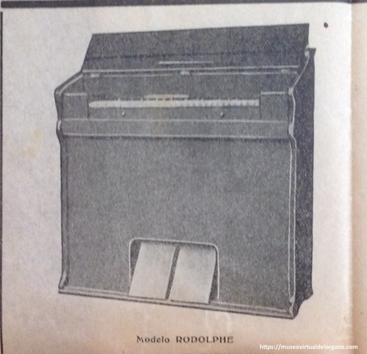 Detalle armonium modelo Rodolphe. Cartel "Nuestra Señora de Begoña". Gran Fábrica de órganos de iglesia, salón y concierto, pianos, pianolas y armoniums. Juan Dourte, c/ Aurrecoechea, 15, Bilbao. Imprenta Jose A. de Lerchundi, Bilbao, ca. 1924 - 1927