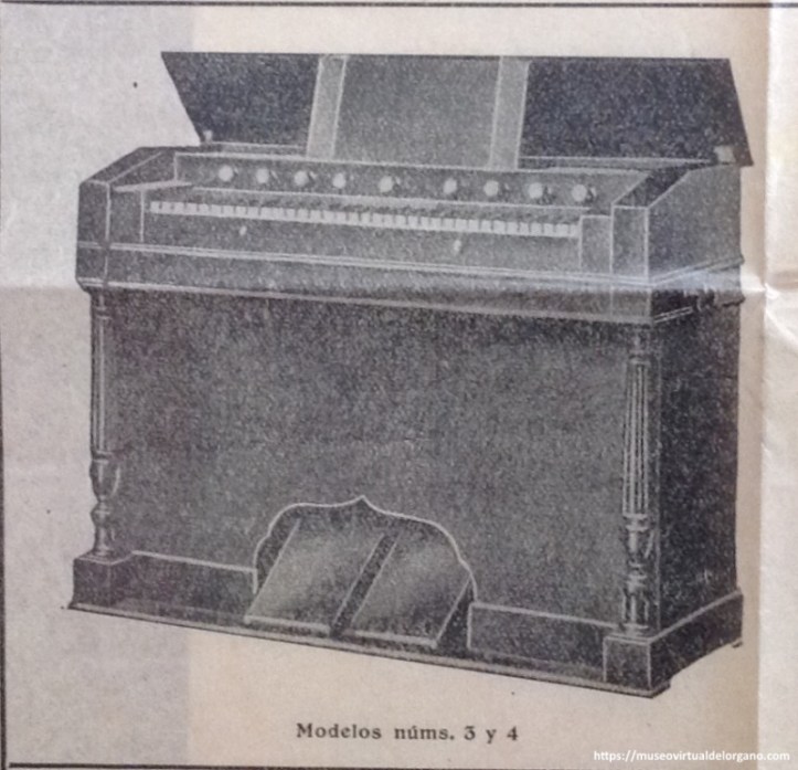 Detalle Modelos 3 y 4. Harmoniums H. Christophe & Étienne. Cartel "Nuestra Señora de Begoña". Gran Fábrica de órganos de iglesia, salón y concierto, pianos, pianolas y armoniums. Juan Dourte, c/ Aurrecoechea, 15, Bilbao. Imprenta Jose A. de Lerchundi, Bilbao, ca. 1924 - 1927
