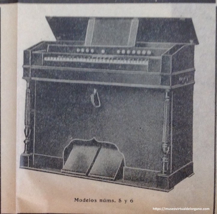 Detalle Modelos 5 y 6. Harmoniums H. Christophe & Étienne. Cartel "Nuestra Señora de Begoña". Gran Fábrica de órganos de iglesia, salón y concierto, pianos, pianolas y armoniums. Juan Dourte, c/ Aurrecoechea, 15, Bilbao. Imprenta Jose A. de Lerchundi, Bilbao, ca. 1924 - 1927