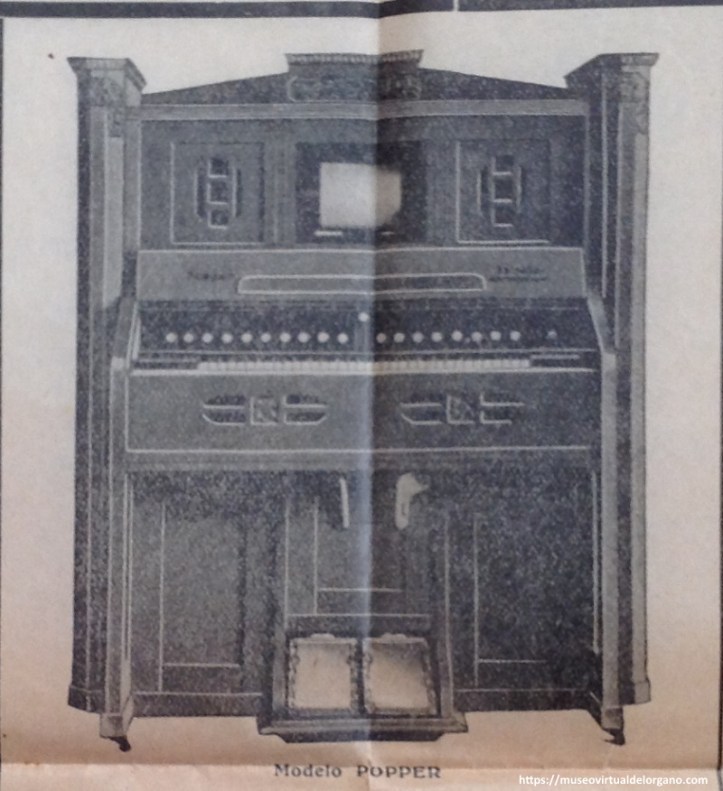 Detalle armonium modelo Popper. Cartel "Nuestra Señora de Begoña". Gran Fábrica de órganos de iglesia, salón y concierto, pianos, pianolas y armoniums. Juan Dourte, c/ Aurrecoechea, 15, Bilbao. Imprenta Jose A. de Lerchundi, Bilbao, ca. 1924 - 1927