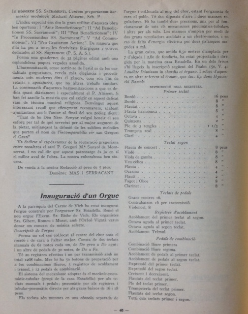 Órgano Gaietà Estadella, iglesia del Carmen de Vic, Barcelona, Mas i Serracant; Josep Noguer, “Inauguració d´un Orgue”, Revista Parroquial de Música Sagrada, n.º Any V, n.º 49, 1931, p. 40