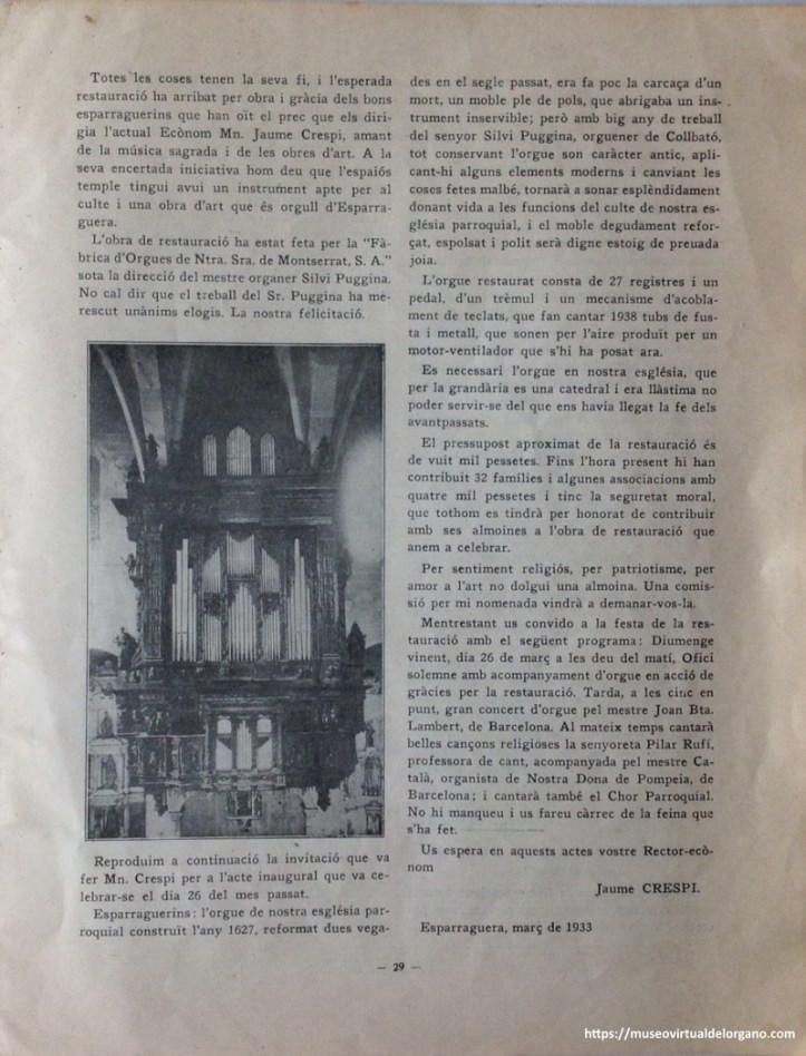 Crespi, J., “Restauració de l´orgue d´Esparraguera”, Revista Parroquial de Música Sagrada, vol. Any VII, n.º 72, 1933