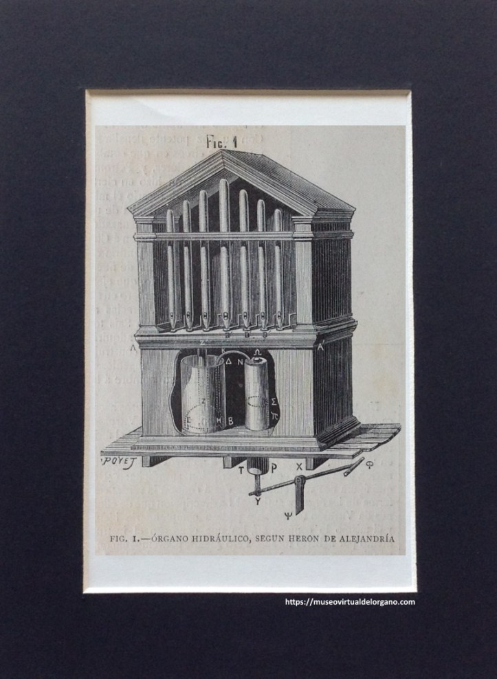 Figura 1. Órgano hidráulico, según Herón de Alejandría. Dibujo Louis Poyet, R., A., “La ciencia antigua. Los órganos hidráulicos,” Ilustración Artística, Año III, nº 151, Barcelona, Montaner y Simón, 1884, pp. 376