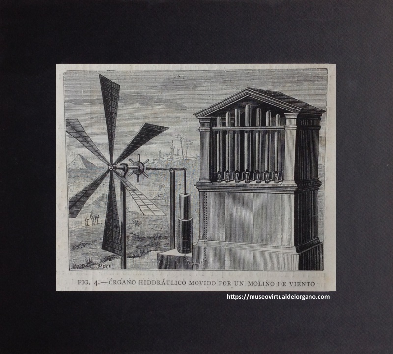 Figura 4. Órgano hidráulico movido por un molino de viento. Dibujo Louis Poyet, R., A., “La ciencia antigua. Los órganos hidráulicos,” Ilustración Artística, Año III, nº 151, Barcelona, Montaner y Simón, 1884, pp. 376