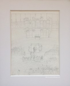 Sala de conciertos y Órgano Gray & Davison, Handel Festival 1857, Palacio de Cristal en Hyde Park, Londres. Reino Unido. Dibujo original a lápiz finales del siglo XIX. El concierto, sobre The great Haendel at the Crystal Palace, 1857