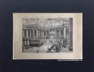 Órgano Giovanni Tonoli, Exposición Nacional de Milán. Instalación especial de las secciones “Instrumentos músicos” y “Trajes nacionales”, en el Salón Pompeyano. Dibujo [Cornaglia][Sabattini]. En: La Ilustración Española y Americana, nº XXVIII, 30 de julio de 1881