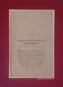 Órgano Alberdi, iglesia de Nuestra Señora de Gracia y San José (Josepets). Barcelona. Recuerdo de la bendición e inauguración del órgano, 27 de abril de 1945