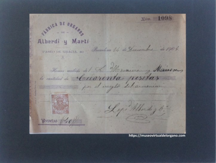Factura Fábrica de órganos Alberdi y Martí, Barcelona, 1904