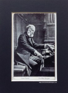 César Franck en la consola del órgano de la Basílica de St. Clotilde, París. Foto del cuadro del pintor Jeanne Rongier realizado en 1888. Tarjeta postal obsequio chocolate Amatller, Barcelona. Edición Thomas, Barcelona, ca. 1920