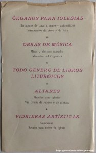 Enseres y ajuar de iglesias, se suministran por Herder y Cía, Friburgo de Brisgovia (Alemania). Órganos para iglesias. Harmonios de tocar a mano y automáticos, ca. 1950
