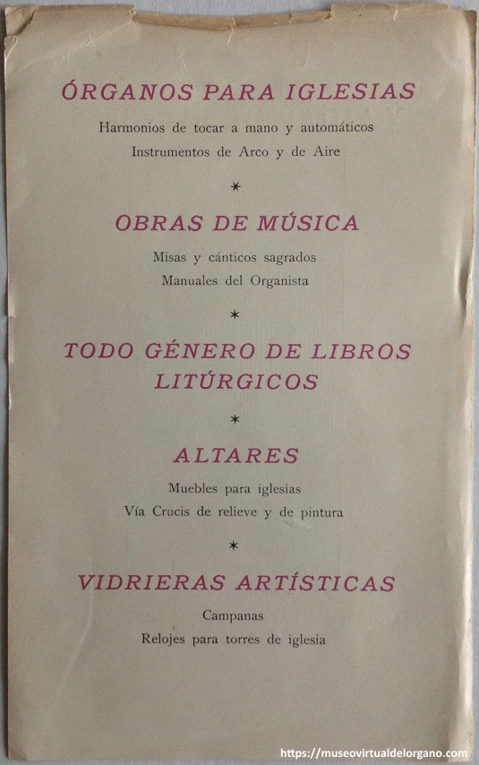 Enseres y ajuar de iglesias, se suministran por Herder y Cía, Friburgo de Brisgovia (Alemania). Órganos para iglesias. Harmonios de tocar a mano y automáticos, ca. 1950