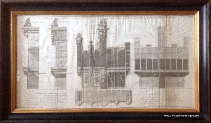 André-Jacob Roubo; Michelinot, Sculpt., “Plan Coupe et Elevation d’un Buffet d’Orgues de seize pieds. Pl. 94. ”( Planta seccional y elevación de una caja de órgano de cinco metros), L’Arte du Menuisier (El Arte del Carpintero) , Seconde partie (1770), Planches 51 à 170. Paris: Académie des Sciences, 1769–1775