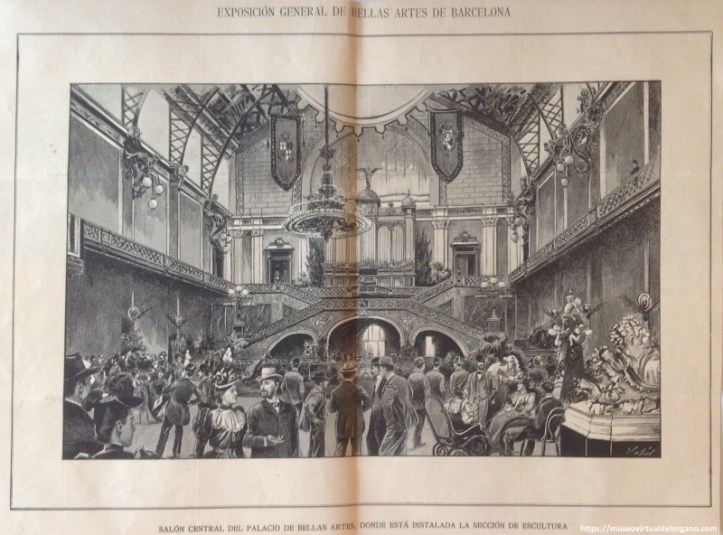 Órgano Aquilino Amezua, Salón Central del Palacio de Bellas Artes de Barcelona. Sección Escultura. La Iustración Ibérica, año XII, núm. 593, página 8, 12/5/1894