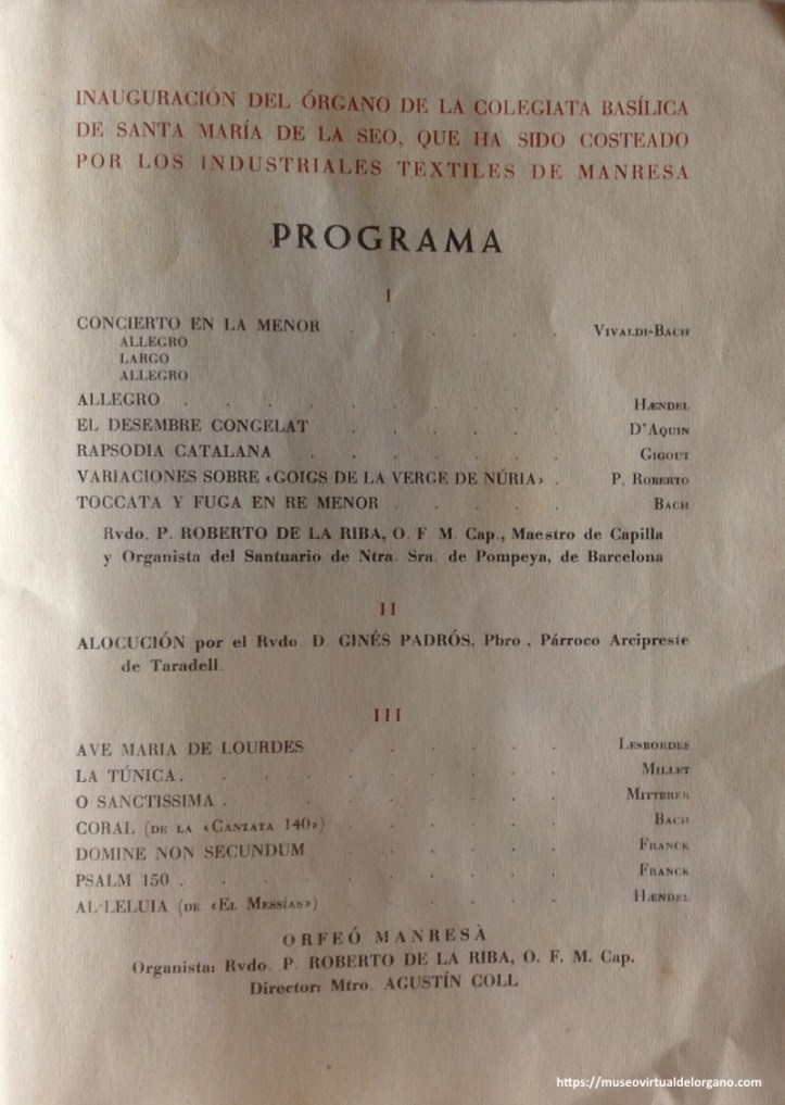 Programa de la inauguración del órgano de la Colegiata Basílica de Santa María de la Seo, Manresa. Barcelona, 1959