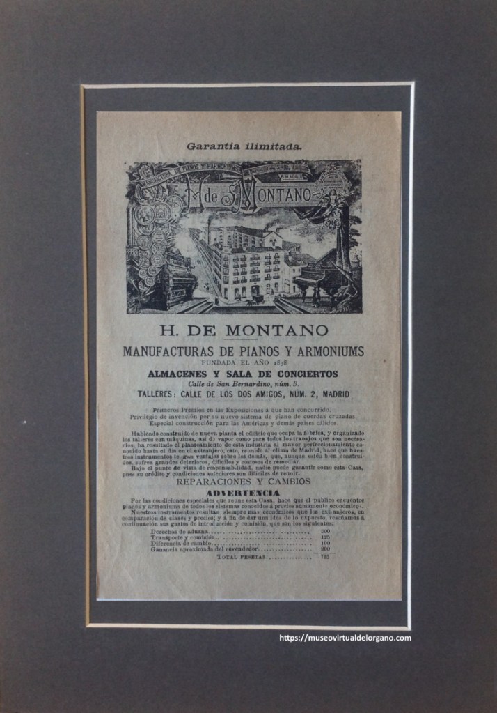 H. de Montano, manufacturas de pianos y armoniums. Fundada el año 1838. Almacenes y sala de conciertos, calle de San Bernardino, núm. 3. Taller, calle de Los dos amigos, núm. 2, Madrid., ca. 185?