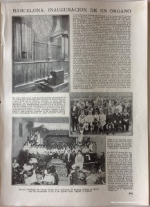 “Barcelona.-Inauguración de un órgano” Órgano Gaietà Estadella, Santuario del Inmaculado Corazón de María. La Hormiga de oro. Ilustración católica, vol. XXXIII, n. 25, 1916, p. 391.