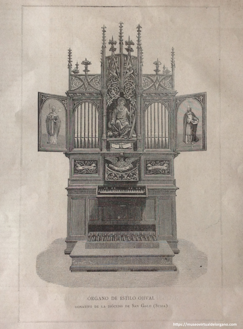 La Hormiga de Oro (ed.), “ÓRGANO DE ESTILO OJIVAL. DONATIVO DE LA DIÓCESIS DE SAN GALO (SUIZA)”, La Exposición Vaticana Ilustrada, n.o 12, 1888, p. 91