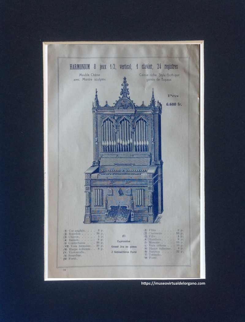 Harmonium 8 jeux ½ , vertical, 1 clavier, 24 registres, caisse style Gothique garnie de Tuyaux. Fabrique d'harmoniums "Les petits-fils de M.Kasriel" à Paris. 6 de la rue Tolain, ca. 1930