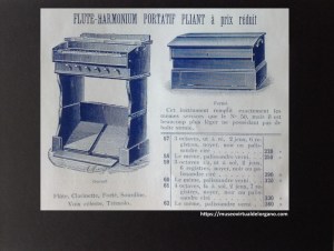 Flute-Harmonium portatif pliant nº 57, 2 jeux, 6 registres. Fabrique d'harmoniums "Les petits-fils de M.Kasriel" à Paris. 6 de la rue Tolain, ca. 1930