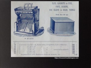 Flute-Harmonium portatif pliant nº 50, 2 jeux, 6 registres. Fabrique d'harmoniums "Les petits-fils de M.Kasriel" à Paris. 6 de la rue Tolain, ca. 1930