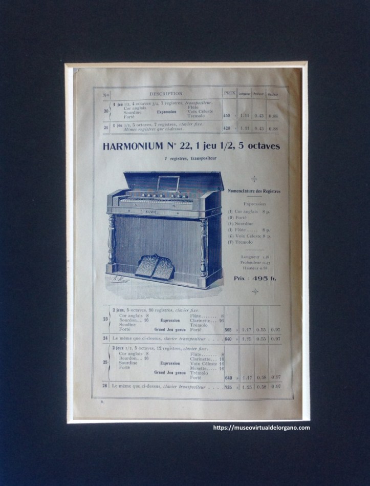 Harmonium nº 22, 1 jeu ½, 5 octaves. Fabrique d'harmoniums "Les petits-fils de M.Kasriel" à Paris. 6 de la rue Tolain, ca. 1930