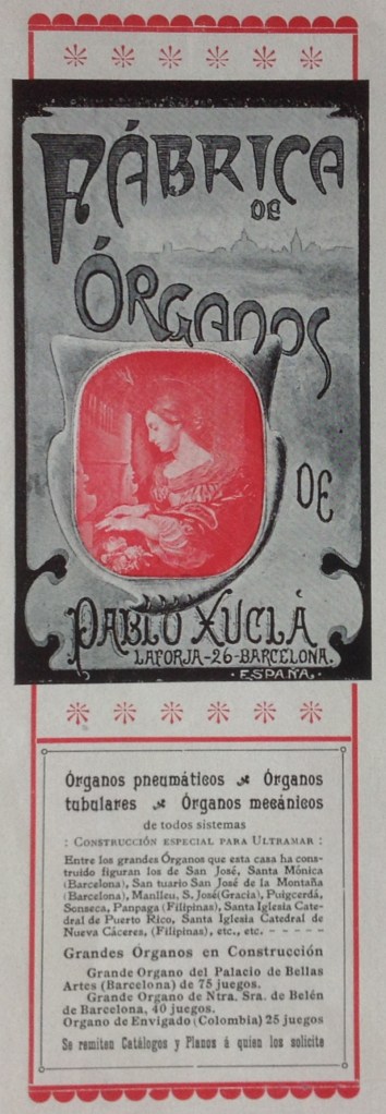 Publicidad Fábrica de Órganos de Pablo Xuclà. Barcelona. Revista comercial "Progreso", 1906