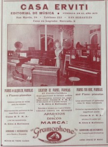 Casa Erviti, editorial de música, distribuidor de armoniums, pianos, pianola-pianos e instrumentos, San Sebastián. Revista Las maravillas de España, 1927