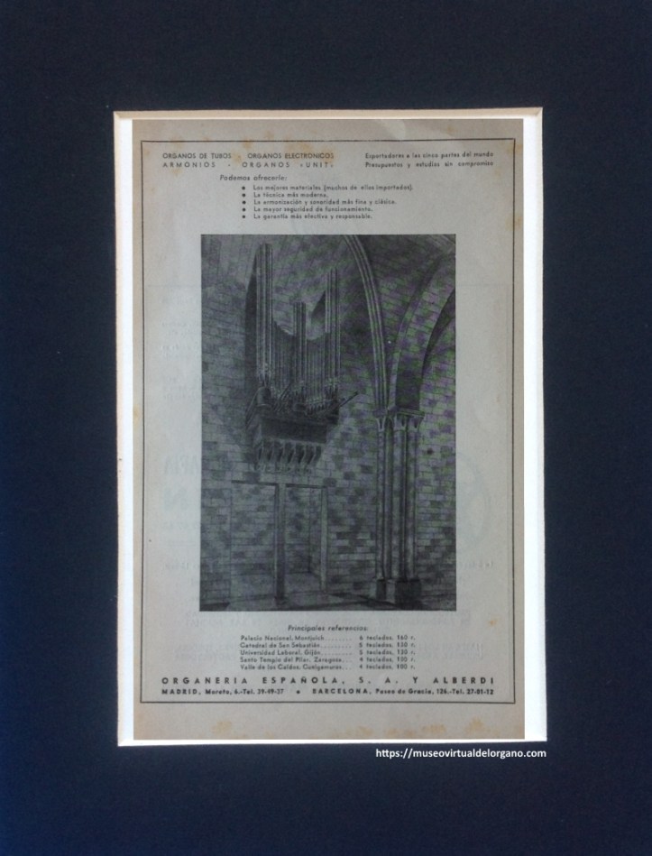 Organería Española, S.A. y Alberdi (1955). Modelo de órgano OESA. En Conferencia Episcopal Española. Oficina General de Información y Estadística (Ed.), Guía de la Iglesia en España, suplemento de 1955, año II (Publicidad). Madrid, Conferencia Episcopal Española.