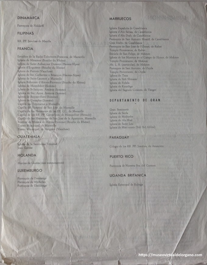 Relación de instalaciones nº 2 (continuación). Órganos Harmoniphon. Relación de algunas instalaciones. San Sebastián: Casa Múgica; Escelicer, S.A., ca. 1958.