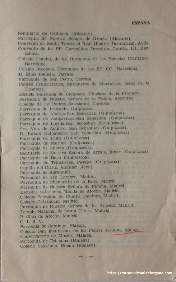 Órganos Harmoniphon. Relación de algunas instalaciones. San Sebastián: Casa Múgica; Escelicer, S.A., página 1, ca. 1958.