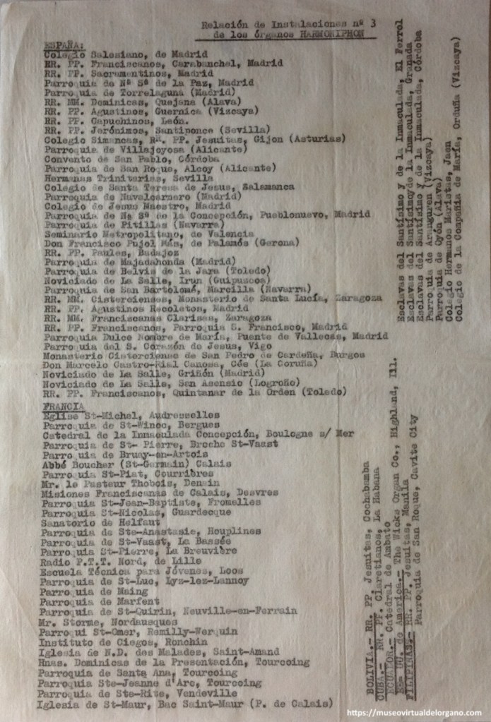 Relación de instalaciones nº 3. Órganos Harmoniphon. Relación de algunas instalaciones. San Sebastián: Casa Múgica; Escelicer, S.A., ca. 1958.