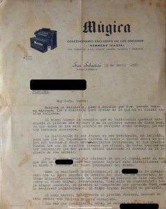 Carta comercial Múgica, concesionario exclusivo de los órganos Hammond (VAGSA) con oficina en el Paseo Duque de Mandas, H en San Sebastián, 1950