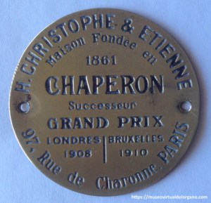 Placa Harmoniums H. Christophe & Étienne, A. Chaperon, Successeur, 97 Rue de Charonne, París, ca. 1920