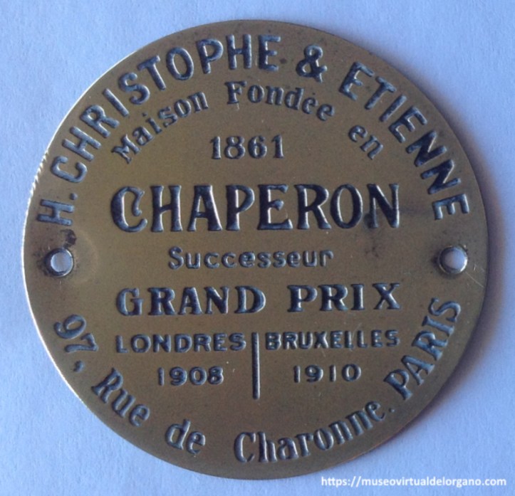 Placa Harmoniums H. Christophe & Étienne, A. Chaperon, Successeur, 97 Rue de Charonne, París, ca. 1920