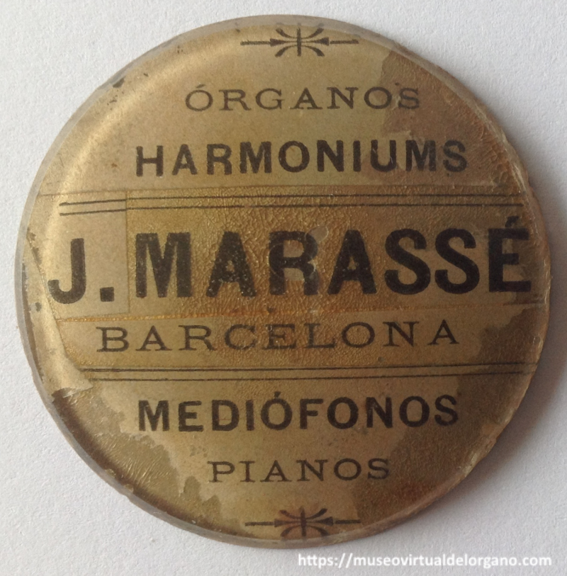Placa Órganos – Harmoniums, J. Marassé, Barcelona, Mediófonos – Pianos, ca. 1890 - 1910